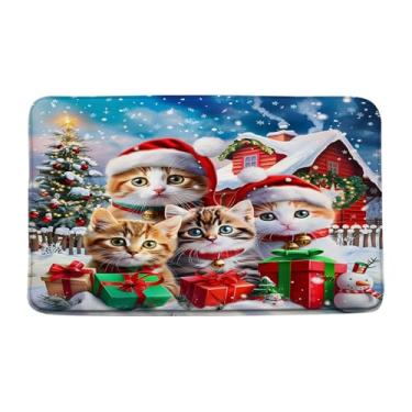 Imagem de AMFD Tapete de banho de gato de Natal Feliz Natal fofo casa de fazenda inverno férias feliz ano novo banheiro banheira tapetes de chão tapete decoração de vaso sanitário, 45,7 x 76,2 cm