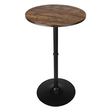 Imagem de Mesa de bar Leopard MDF redonda não ajustável (104 cm de altura), mesa de bar com perna e base prateadas, marrom rústico