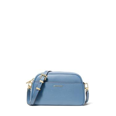 Imagem de Michael Kors Bolsa transversal pequena para câmera Jet Set, ferragens douradas/couro de cabra em relevo/azul francês