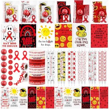 Imagem de Epakh Conjunto de 72 conjuntos de fitas vermelhas semanais em massa, diga não às drogas, conjunto de conscientização sobre AIDS/HIV, inclui lápis mecânico, pulseiras de silicone, adesivos, borracha