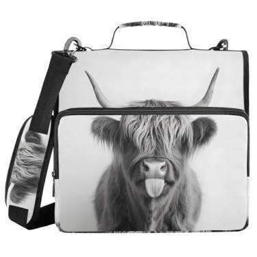 Imagem de Fichário de vaca Highland cinza com zíper com 3 anéis com alça de ombro, capacidade de 500 folhas, organizador de armazenamento, pasta de arquivos Trapper Keeper