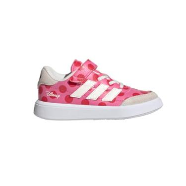 Imagem de adidas Tênis esportivo unissex infantil Minnie Mouse Courtblock de renda elástica (criança pequena), Pink Fusion/Off-white/Pure Ruby, 15
