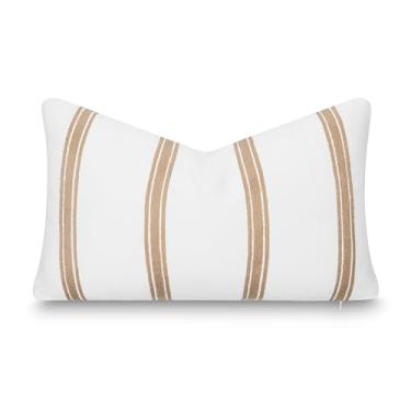 Imagem de Crumbs Home Modern Farmhouse California Capa de almofada lombar casual para ambientes internos e externos, 30,5 x 50,8 cm, repelente de água para pátio, quintal, sofá, piscina, listras bordadas creme
