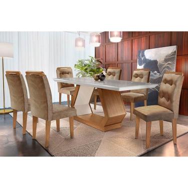 Imagem de Sala de Jantar Completa Alvorada Tampo Madeirado c/ Vidro Canto Reto 180x90cm e 6 Cadeiras Imperatriz Imbuia/Off White - Suede Capuccino - Rufato