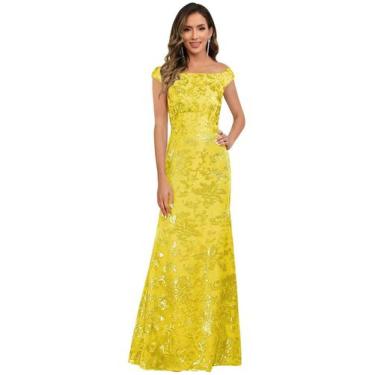 Imagem de Vestido Mãe da Noiva OFEYCHUN com lantejoulas amarelas tamanho 10