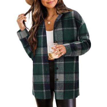 Imagem de Blusão Shacket, camisa feminina casual de flanela verde, ZOLUCKY