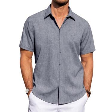 Imagem de Camisa masculina J.VER, linho, algodão, manga curta, jeans, azul, 3XL