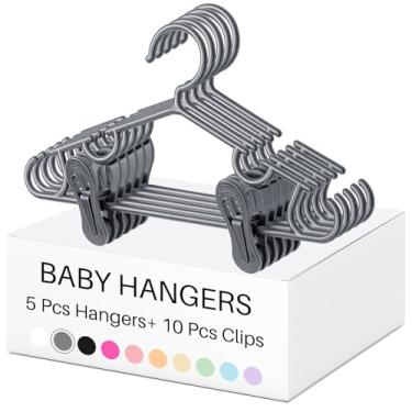 Imagem de Hsei Cabides de berçário com clipes para calças de bebê 10/20/40 cabide de plástico recém-nascido com clipe 20/40/80 para armário, roupas infantis, casacos, saias e meias (cinza, pacote com 15)