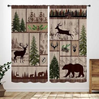 Imagem de Cortinas retrô de cabine, rústica, urso, cervo, caça, animal selvagem, xadrez, aventura, fazenda, tratamentos de janela para quarto, sala de estar, cozinha, cortinas 69,8 cm L x 160 cm C, conjunto de