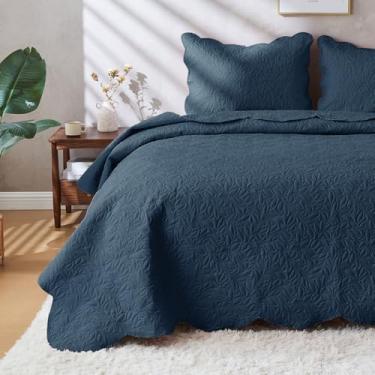 Imagem de JYHOPE Conjunto de cama de solteiro, 1 edredom de verão, 2 fronhas, colcha de microfibra leve e macia para todas as estações (estampa de folha, azul, casal/queen (86 x 90))