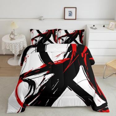 Imagem de Feelyou Conjunto de cama Queen de arte abstrata, vermelho, preto, moderno, geométrico, para meninos, meninas, adolescentes, minimalista, linha de tinta, conjunto de edredom de microfibra macia