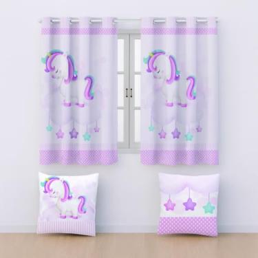 Imagem de Cortina Infantil com 2 Capas de Almofada, 2,00x1,50m, Poliéster Estampado, Decorativa, Quarto (UNICORNIO ESTRELA)