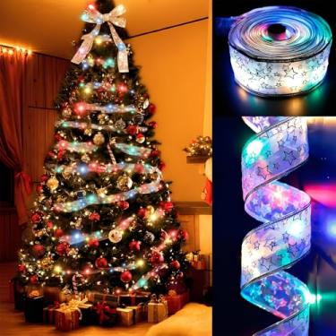 Imagem de tidsoei Decorações de árvore de Natal 20 metros 200 LED fita de luz colorida luzes de fadas laços de fio de cobre alimentados por bateria para decoração de Natal Ano Novo (fita prateada luzes