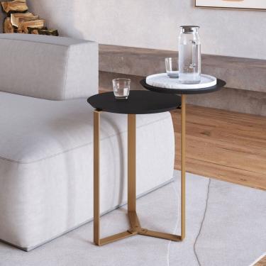 Imagem de Mesa de Centro Dois Tampos Chanfrado Orgânica Pé Metal Complementos Nero/Dourado