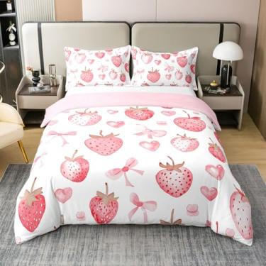 Imagem de Conjunto de capa de edredom Bow and Love 100% algodão orgânico (não edredom) de morango, tamanho Queen para quarto, estampa de desenho animado rosa, conjunto de cama com 2 fronhas