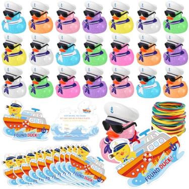Imagem de Halloscume Kit de cruzeiro de 72 peças inclui 24 mini patos de borracha com glitter de cruzeiro com óculos de sol, 24 etiquetas de pato, 24 faixas elásticas de borracha para recompensas de jogo de