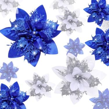 Imagem de Geosar 24 flores artificiais de poinsétia de Natal com purpurina, decorações de flores de casamento, enfeites de árvore de Natal com clipes para lembrancinhas de festa, 15,2 cm, 10,2 cm, 7,6 cm (azul