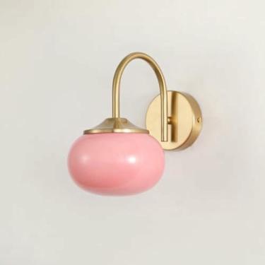 Imagem de WLHAZMWY Arandela de parede dourada moderna de meados do século - Decoração elegante de sombra de vidro rosa para banheiro, quarto, sala de estar, corredor e (rosa)