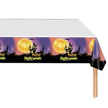 Imagem de CPCOIN Toalha de mesa de plástico descartável, pacote com 2, castelo assustador e lua cheia, capa de mesa de plástico para festa de Halloween, à prova d'água, toalhas de mesa roxas 137 x 221 cm