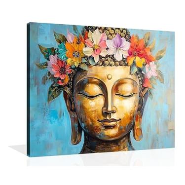Imagem de OWNANRTHM Arte de parede em tela de Buda imagens coloridas religiosas de Buda abstrata estátua de budismo pôster para oração, ioga, spa, meditação, sala espiritual, parede emoldurada 61 x 76 cm