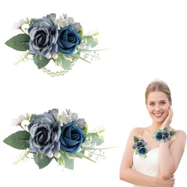 Imagem de Aunthvra Conjunto de corpete azul e flor na lapela para noivos, pulseiras de corsage de pulso de flor rosa artificial para baile de formatura, acessórios de terno de formatura para decoração de festa