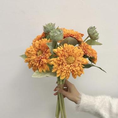 Imagem de Buquê de Girassol Artificial, Flor de Seda para Decoração de Casa, Acessórios, Buquê de Noiva para Casamento, Festa, Flores Falsas, Enfeites (Amarelo Laranja)