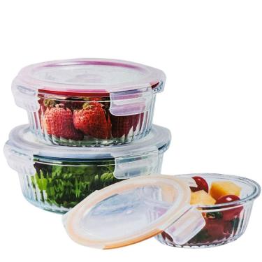 Imagem de Conjunto 3 Potes Herméticos Vidro Redondo Tampa Anel Vedação