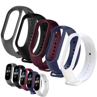 Imagem de Kit 5 Pulseiras Compativel MI Band 5 e 6 Cores Preta Azul Vinho Marsala Cinza e Branco Silicone Com Pino Resistente Smartband