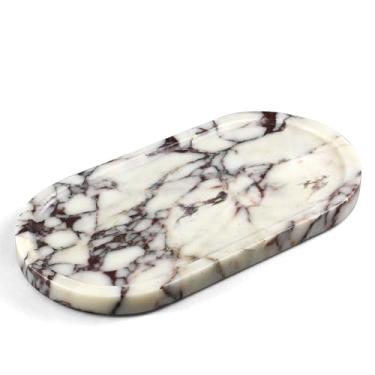Imagem de YMXYJM Bandeja de mármore 100% natural para banheiro, bandeja luxuosa de pedra de viola Calacatta, bandejas ovais decorativas para organizador de armazenamento de bancada, cômoda, cozinha, decoração
