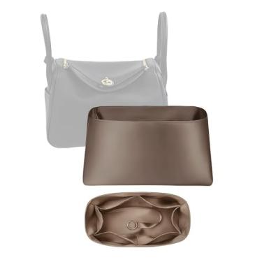 Imagem de Organizador de seda luxuoso para Lindy 19/26/30/34 – Inserção leve para bolsa de mão com bolsos, forro de cetim macio, mantém a forma da bolsa, organizador de bolsas premium e modelador (cinza toupe