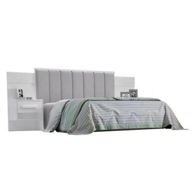 Imagem de Cabeceira Casal íris Estofada Com 2 Mesas De Cabeceira D`doro Branco Ripado 1,40m