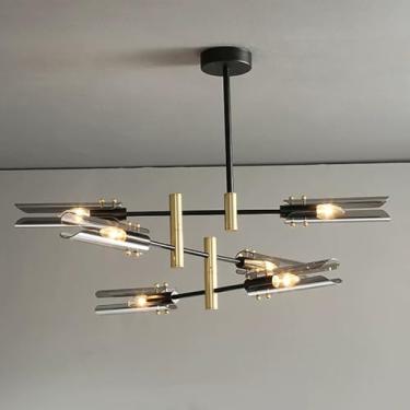 Imagem de KSSTEVNBD Lustre Sputnik moderno, luminária de teto de montagem semiembutida preta e dourada com cúpula de vidro de tubo, lustres de teto de metal rotativos de meados do século para quarto, sala de