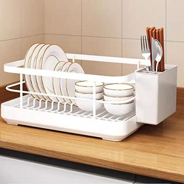 Imagem de AKALNNB Escorredor de louça para balcão de cozinha, escorredor de pratos à prova de ferrugem de grande capacidade com suporte de talheres para vários utensílios de mesa (preto) (branco)