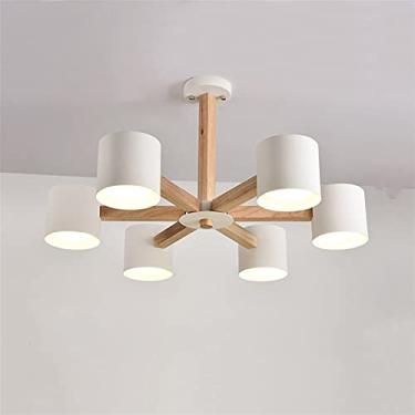 Imagem de SXYH Duas funções - Lustre de LED com abajur de ferro branco compatível com hall de entrada, lustres modernos de madeira montados no teto, luzes de jantar de madeira, lustre moderno