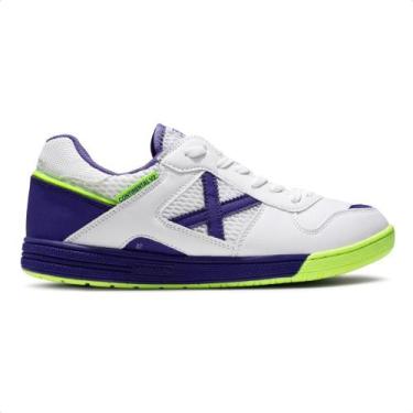 Imagem de Chuteira Futsal Munich Continental V2 Masculina, Branco, Roxo, 38