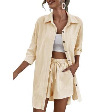 Imagem de Conjunto de roupas Zeagoo: camisa e shorts femininos de linho plus siz