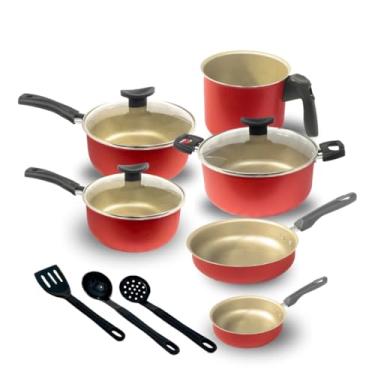 Imagem de Jogo Panela Caçarola Conjunto Kit 9 Pçs Antiaderente Tampa Vidro Teflon (Cereja)