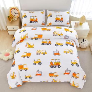 Imagem de ZRNBAST Conjunto de cama infantil com 3 peças, amarelo, trator e escavadeira, para meninos, macio e respirável, conjunto de cama infantil para adolescentes
