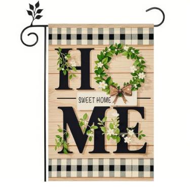 Imagem de BlissYard Bandeiras de jardim de primavera, 30,5 x 45,7 cm, decoração de primavera e quintal, doce lar com guirlanda de vegetação, borda quadriculada, decorações de primavera para decoração de jardim