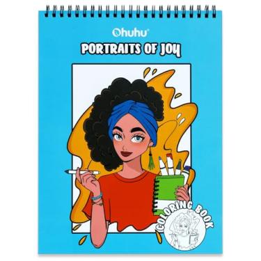 Imagem de Ohuhu Livro de colorir adulto dupla face à prova de sangramento - Colorir Retratos da Alegria - 20 folhas/40 páginas páginas encadernadas em espiral com design de dupla face