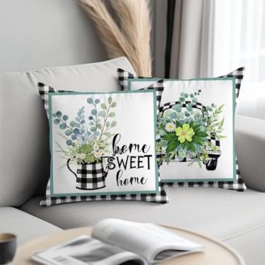 Imagem de 2 peças de capas de almofada de eucalipto Boho 45,7 x 45,7 cm, arte primavera verão capas quadradas, almofadas decorativas de grade preta branca para sofá, sala de estar, quarto, 1