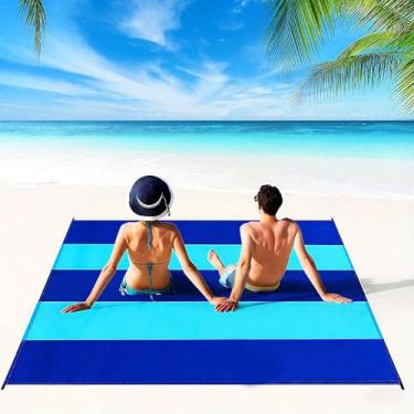 Imagem de Cobertor de praia impermeável e à prova de areia, tapete de praia grande e leve de 203 x 199 cm para 5 a 8 adultos com bolsos de canto e estacas, secagem rápida, cobertor portátil ao ar livre para