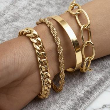 Imagem de Pulseiras femininas de ouro e prata, 4 peças de pulseiras empilháveis banhadas a ouro não manchadas com punho, trançado, cubano e elos, joias para presente diário, One Size, Latão, Sem Pedra Preciosa