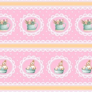 Imagem de Tecido Tricoline Barrado Coelhinho e Chaleira de Flores - Coelho Pásco