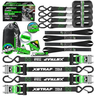 Imagem de XSTRAP STANDARD Alça de amarração de motocicleta (4PK) - 1 kg força de ruptura 4,5 m conjunto de tiras de amarração de catraca de laço macio para aparelhos móveis, equipamentos de gramado, correias de