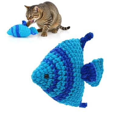 Imagem de WaoDoing Brinquedo de gato de peixe de crochê à mão com erva de gato e sino, brinquedos interativos naturais para gatos internos, brinquedos macios de erva de gato em cores sortidas
