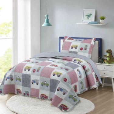 Imagem de Kit Cobre Leito Colcha Solteiro Infantil Studio Dupla Face Estampado 2 Peças - Carros - Cinza - 100% Poliéster