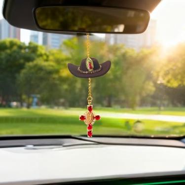 Imagem de Amuleto de carro de chapéu de cowboy, acessórios para pendurar no espelho retrovisor do país, chapéu de vaqueira de girassol, decoração de carro com estampa de vaca, lindo minipélio de feltro feito à