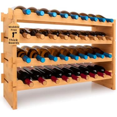 Imagem de NutriChef Rack de vinho empilhável de bambu, rack de vinho com capacidade de 36 garrafas de 4 níveis, piso independente, montagem sem ferramentas, prateleira de exibição de armazenamento modular para
