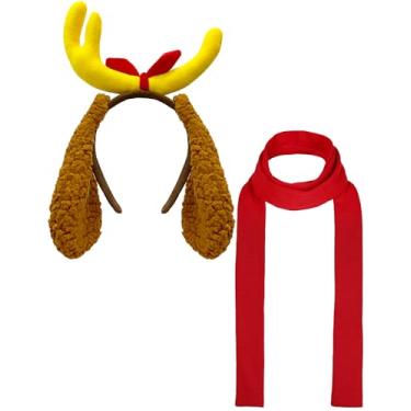 Imagem de CICOCI Faixa de cabeça de chifre de rena com orelhas de cachorro, chifre de veado, lenço vermelho natalino, conjunto completo